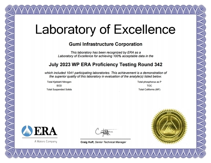 국제숙련도 시험에서 2년 연속 최우수 분석기관(Laboratory of Excellence) 인증서